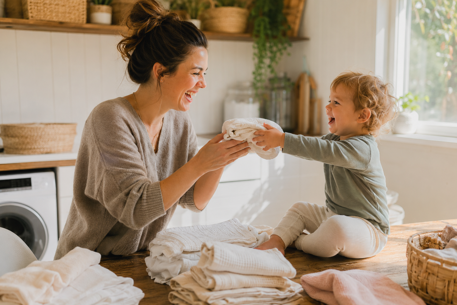 Parent folding laundry with child.