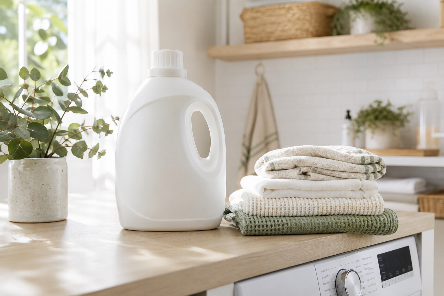 The refillable laundry wash jug in a home laundry room.